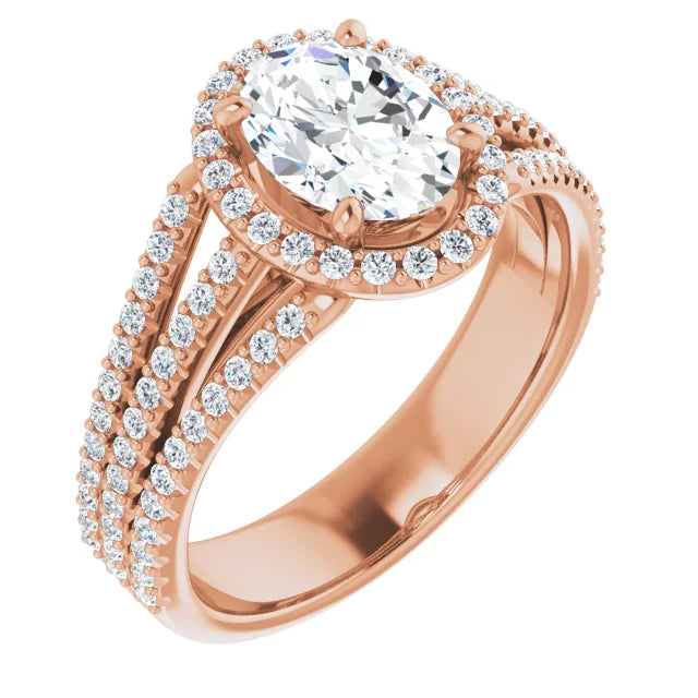 Oval Rose Gold Halo Split Pave Moissanite Engagement Ring