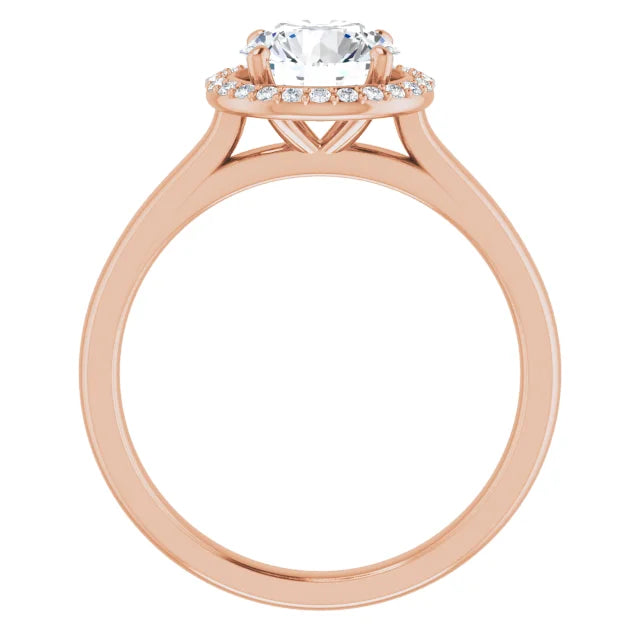 Rose Gold Round Brilliant Halo Solitaire Engagement Ring. Moissanite
