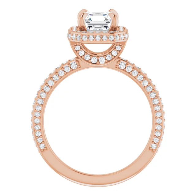Asscher Rose Gold Halo Pave Style Moissanite Engagement Ring