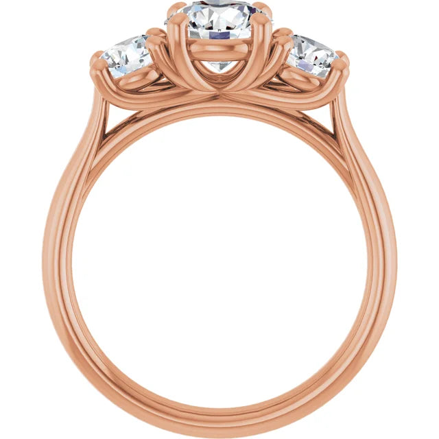 Round Brilliant Rose Gold Tri Stone Moissanite Engagement Ring