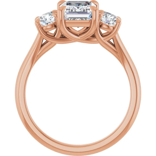 Emerald Rose Gold Tri Stone Moissanite Engagement Ring