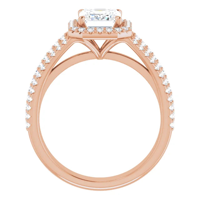 Emerald Rose Gold Halo Split Pave Moissanite Engagement Ring