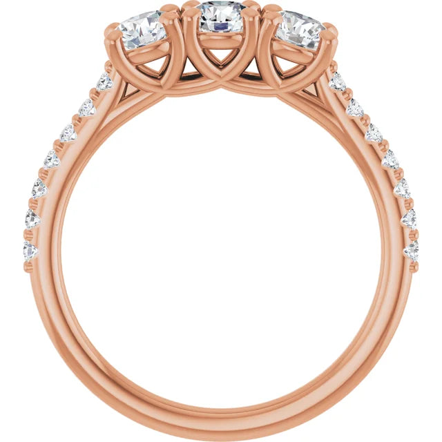 Round Brilliant Rose Gold Tri Stone Moissanite Engagement Ring