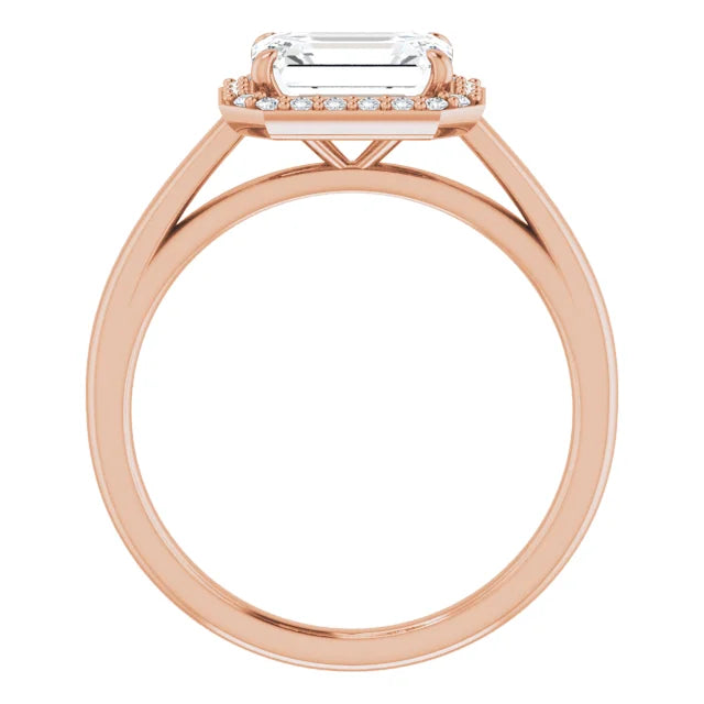 Emerald Rose Gold East West Halo Moissanite Engagement Ring