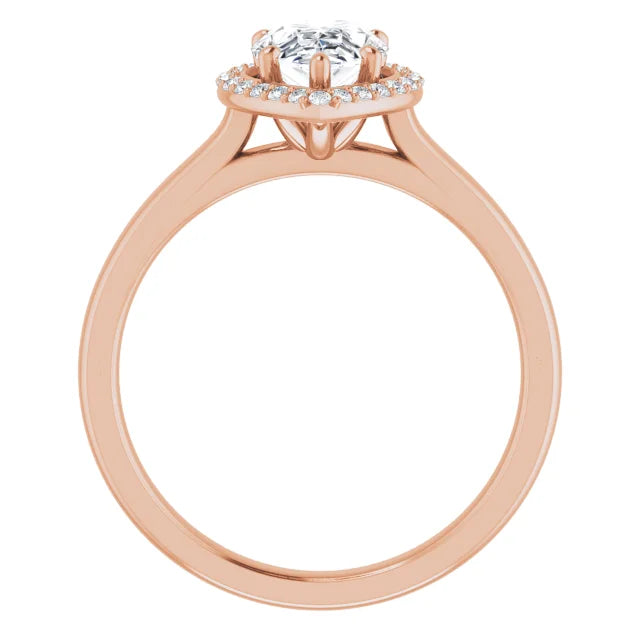Rose Gold Pear Halo Solitaire Engagement Ring. Moissanite