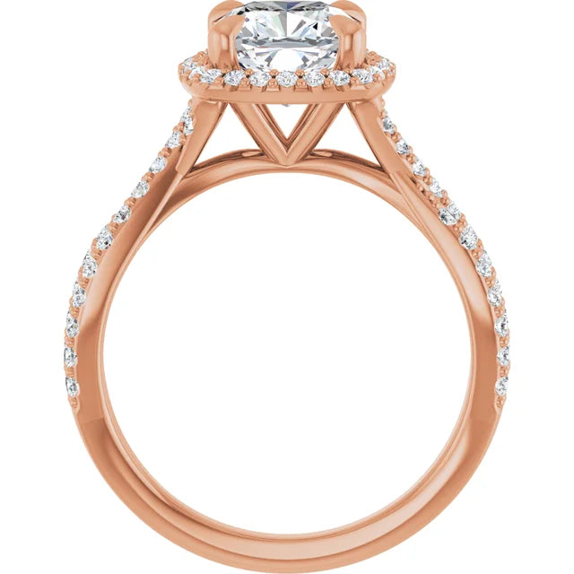 Cushion Rose Gold Twist Band Halo Moissanite Engagement Ring