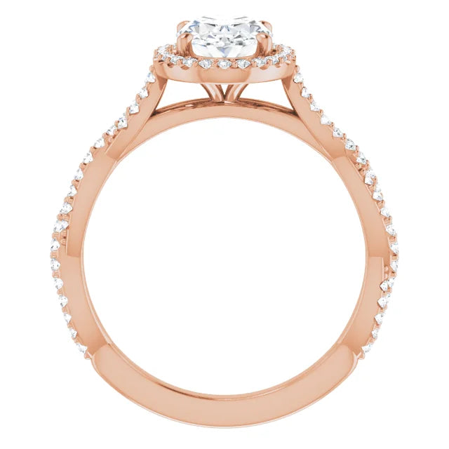 Oval Rose Gold Halo Twist Pave Moissanite Engagement Ring