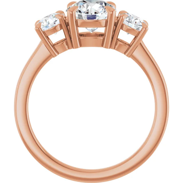 Round Brilliant Rose Gold Tri Stone Moissanite Engagement Ring