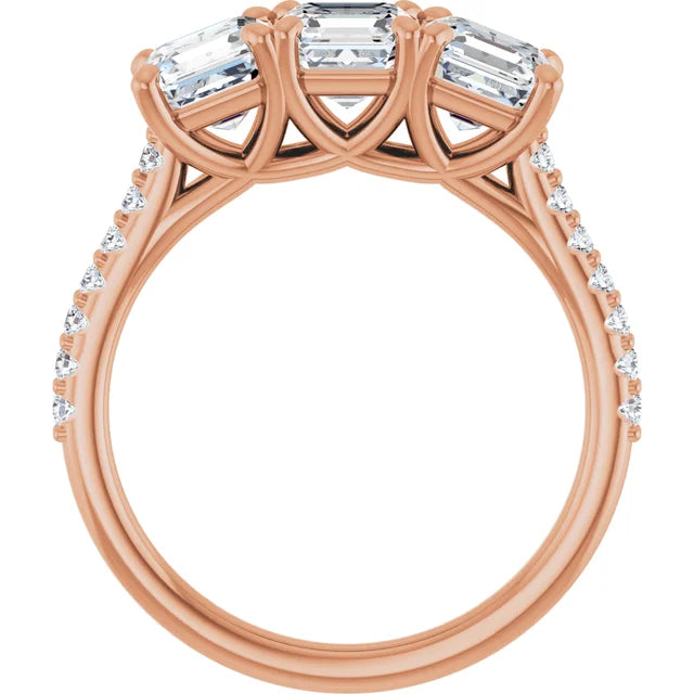 Cushion Rose Gold Tri Stone Moissanite Engagement Ring