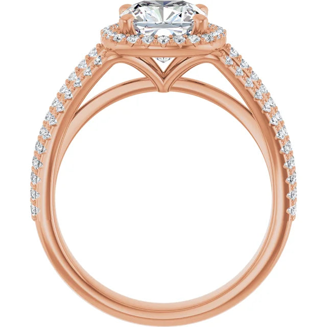 Cushion Rose Gold Halo Split Pave Moissanite Engagement Ring