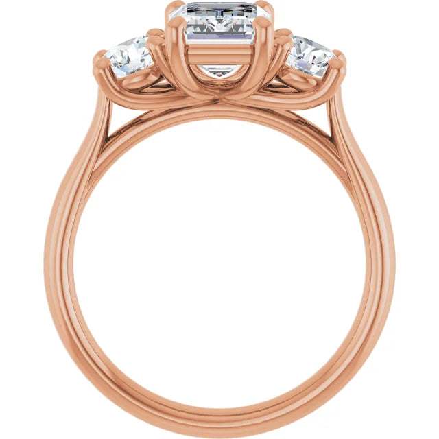 Emerald Rose Gold Tri Stone Moissanite Engagement Ring