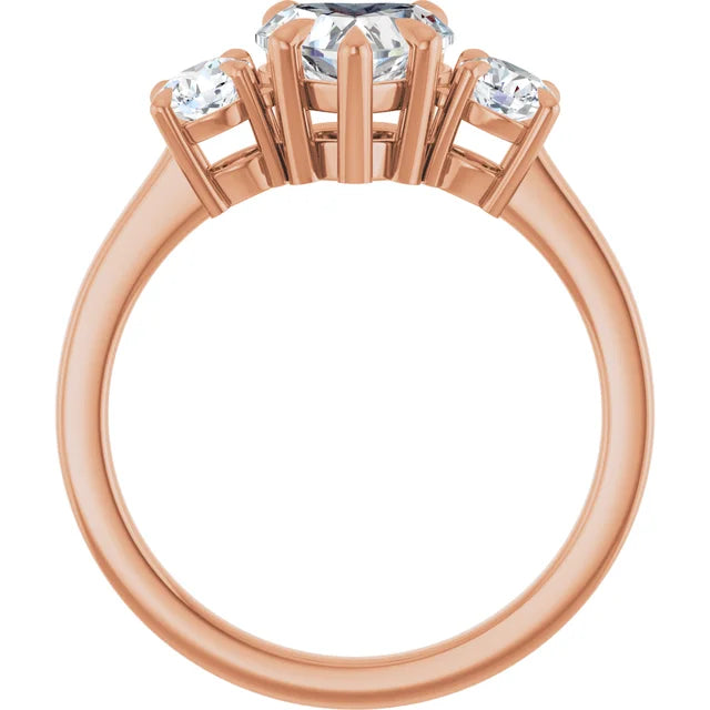 Heart Rose Gold Tri Stone Moissanite Engagement Ring