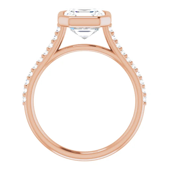 Asscher Rose Gold Bezel Pave Moissanite Engagement Ring