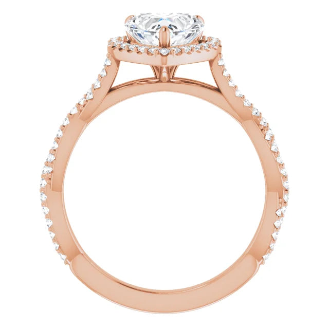 Heart Rose Gold Halo Twist Pave Moissanite Engagement Ring