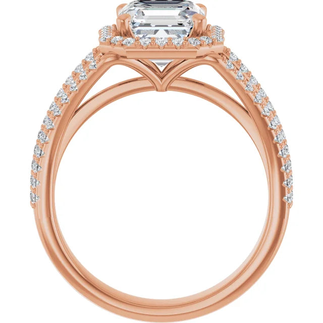 Asscher Rose Gold Halo Split Pave Moissanite Engagement Ring