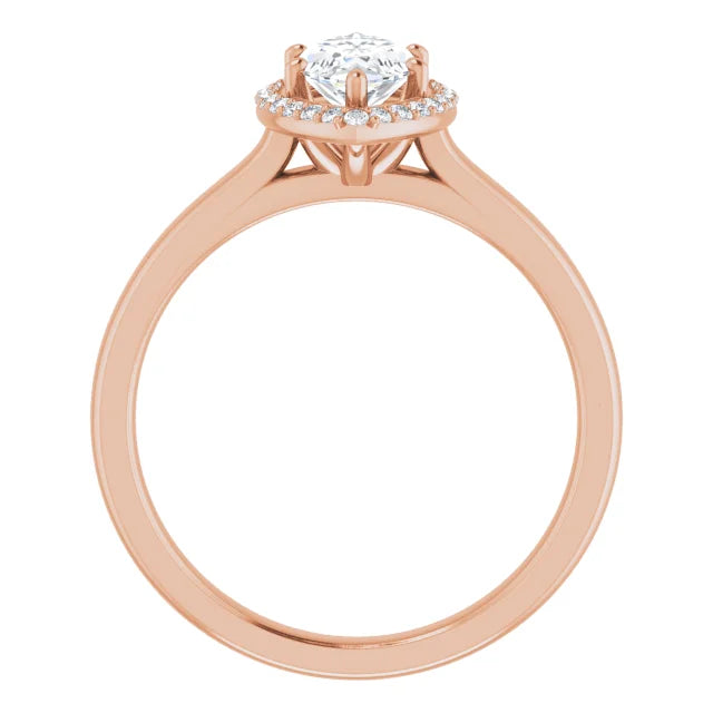 Rose Gold Marquise Halo Solitaire Engagement Ring. Moissanite
