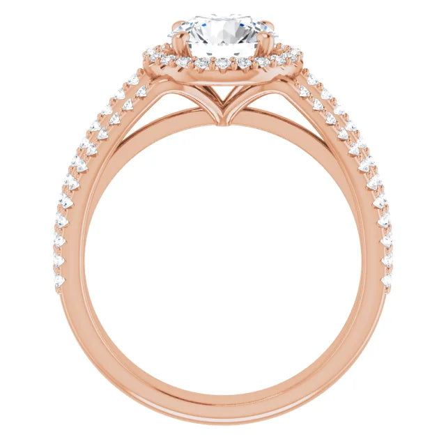 Round Brilliant Rose Gold Halo Split Pave Moissanite Engagement Ring
