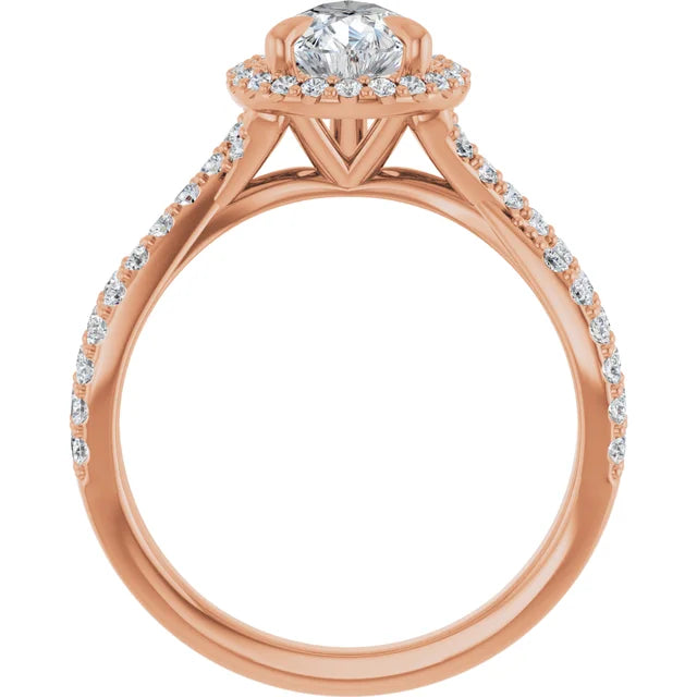 Pear Rose Gold Twist Band Halo Moissanite Engagement Ring