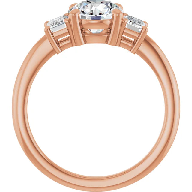 Round Brilliant Rose Gold Tri Stone Moissanite Engagement Ring