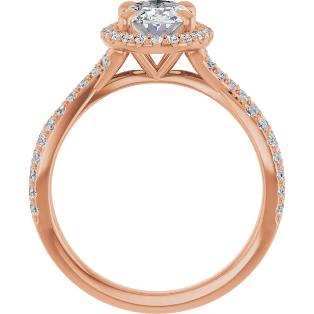 Oval Rose Gold Twist Band Halo Moissanite Engagement Ring