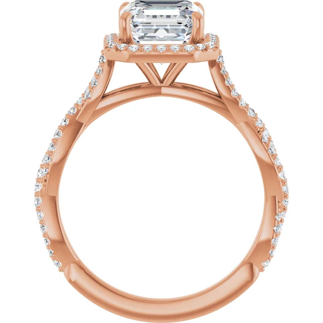 Asscher Rose Gold Halo Twist Pave Moissanite Engagement Ring