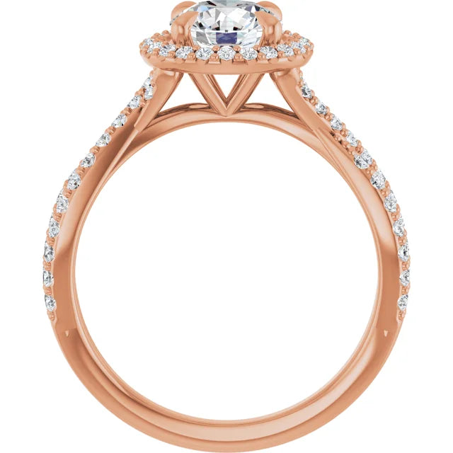 Round Brilliant Rose Gold Twist Band Halo Moissanite Engagement Ring