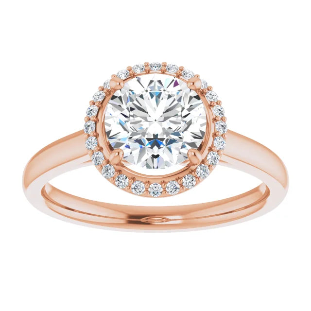 Rose Gold Round Brilliant Halo Solitaire Engagement Ring. Moissanite