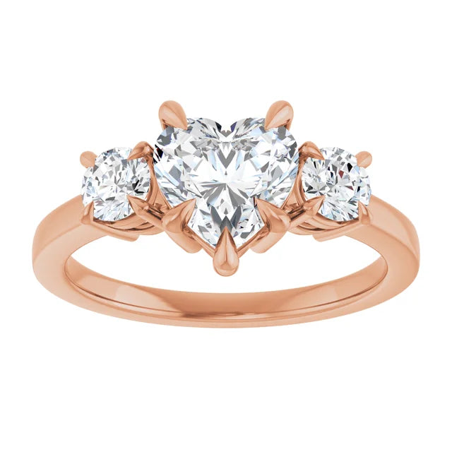Heart Rose Gold Tri Stone Moissanite Engagement Ring