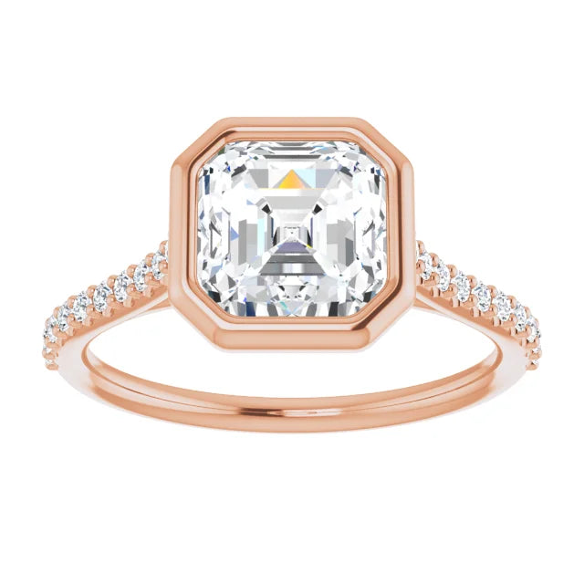 Asscher Rose Gold Bezel Pave Moissanite Engagement Ring