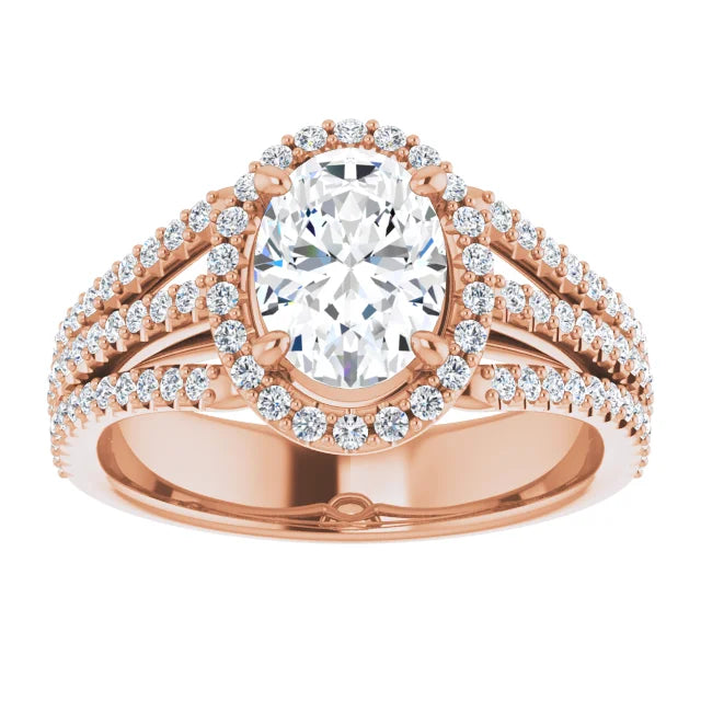 Oval Rose Gold Halo Split Pave Moissanite Engagement Ring