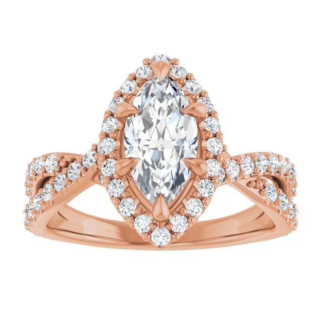 Marquise Rose Gold Twist Band Halo Moissanite Engagement Ring