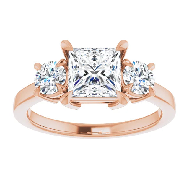 Princess Rose Gold Tri Stone Moissanite Engagement Ring
