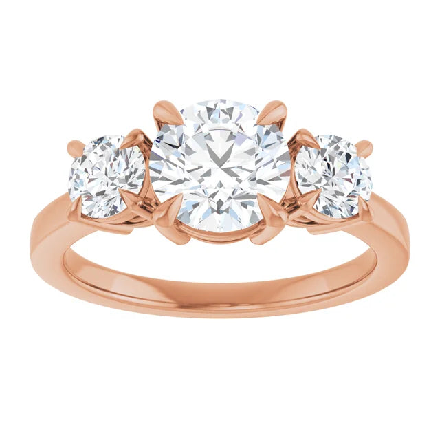 Round Brilliant Rose Gold Tri Stone Moissanite Engagement Ring