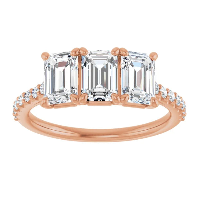 Emerald Rose Gold Tri Stone Moissanite Engagement Ring