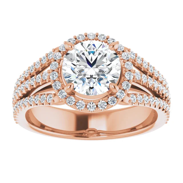 Round Brilliant Rose Gold Halo Split Pave Moissanite Engagement Ring
