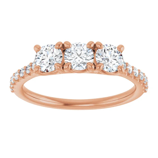 Round Brilliant Rose Gold Tri Stone Moissanite Engagement Ring