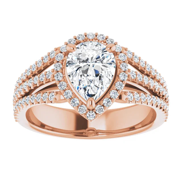 Pear Rose Gold Halo Split Pave Moissanite Engagement Ring