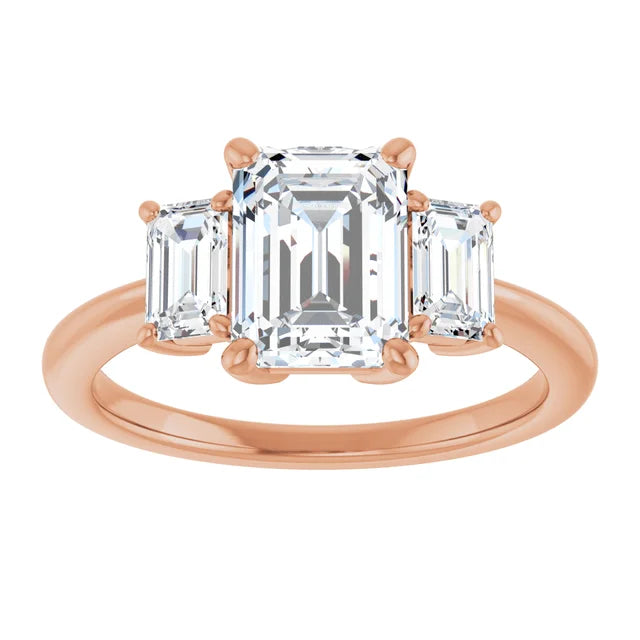 Emerald Rose Gold Tri Stone Moissanite Engagement Ring