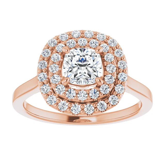 Cushion Rose Gold Double Halo Solitaire Moissanite Engagement Ring