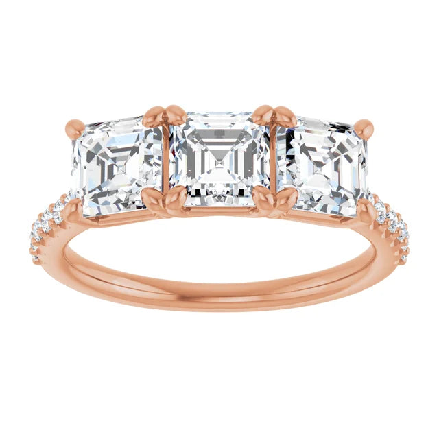 Cushion Rose Gold Tri Stone Moissanite Engagement Ring