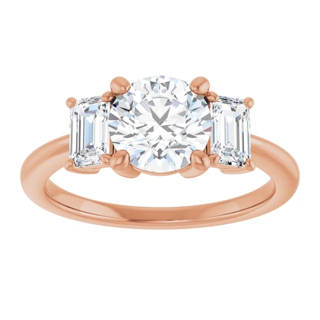 Round Brilliant Rose Gold Tri Stone Moissanite Engagement Ring