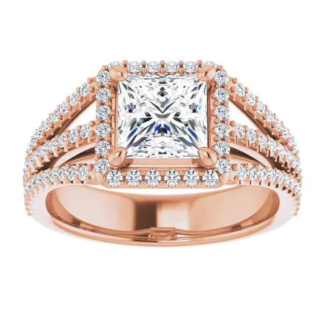 Princess Rose Gold Halo Split Pave Moissanite Engagement Ring