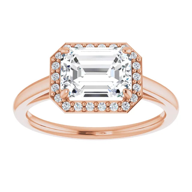 Emerald Rose Gold East West Halo Moissanite Engagement Ring