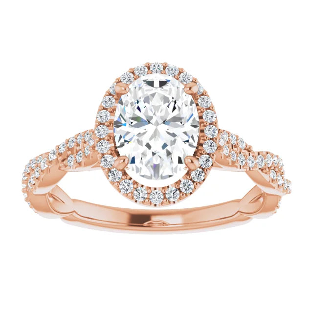 Oval Rose Gold Halo Twist Pave Moissanite Engagement Ring