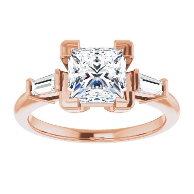 Princess Rose Gold Baguette Accent Moissanite Engagement Ring