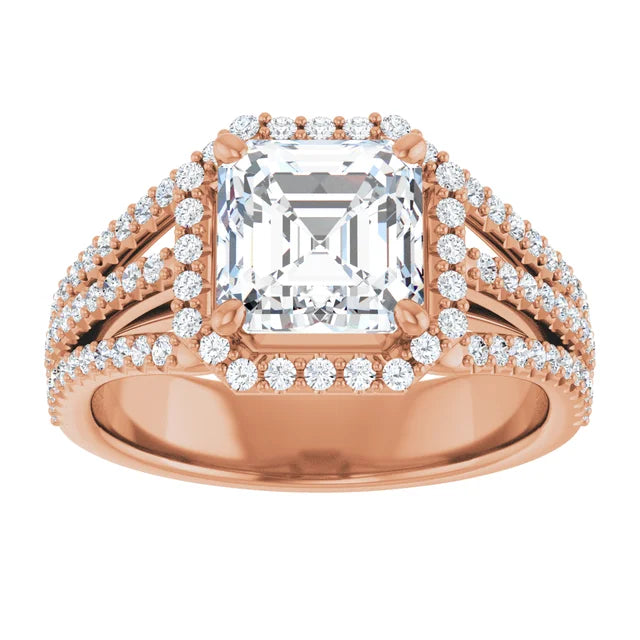 Asscher Rose Gold Halo Split Pave Moissanite Engagement Ring