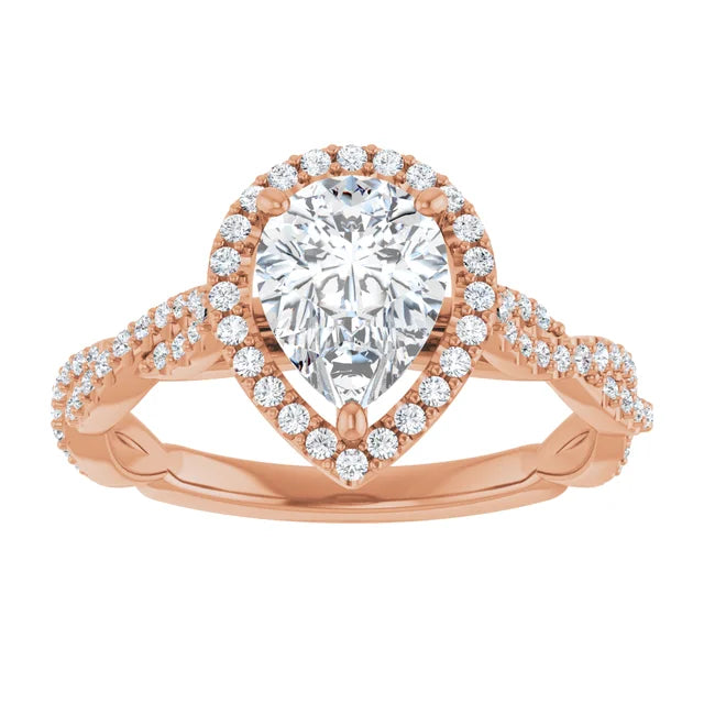 Pear Rose Gold Halo Twist Pave Moissanite Engagement Ring