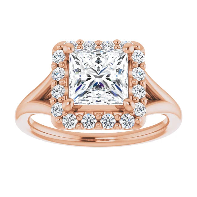 Princess Rose Gold Halo Solitaire Split Band Moissanite Engagement Ring