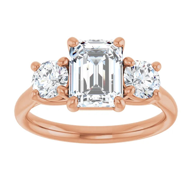 Emerald Rose Gold Tri Stone Moissanite Engagement Ring