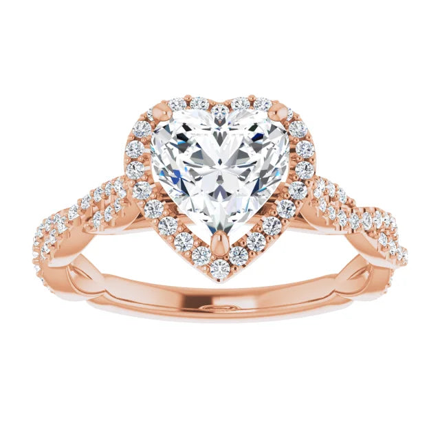 Heart Rose Gold Halo Twist Pave Moissanite Engagement Ring